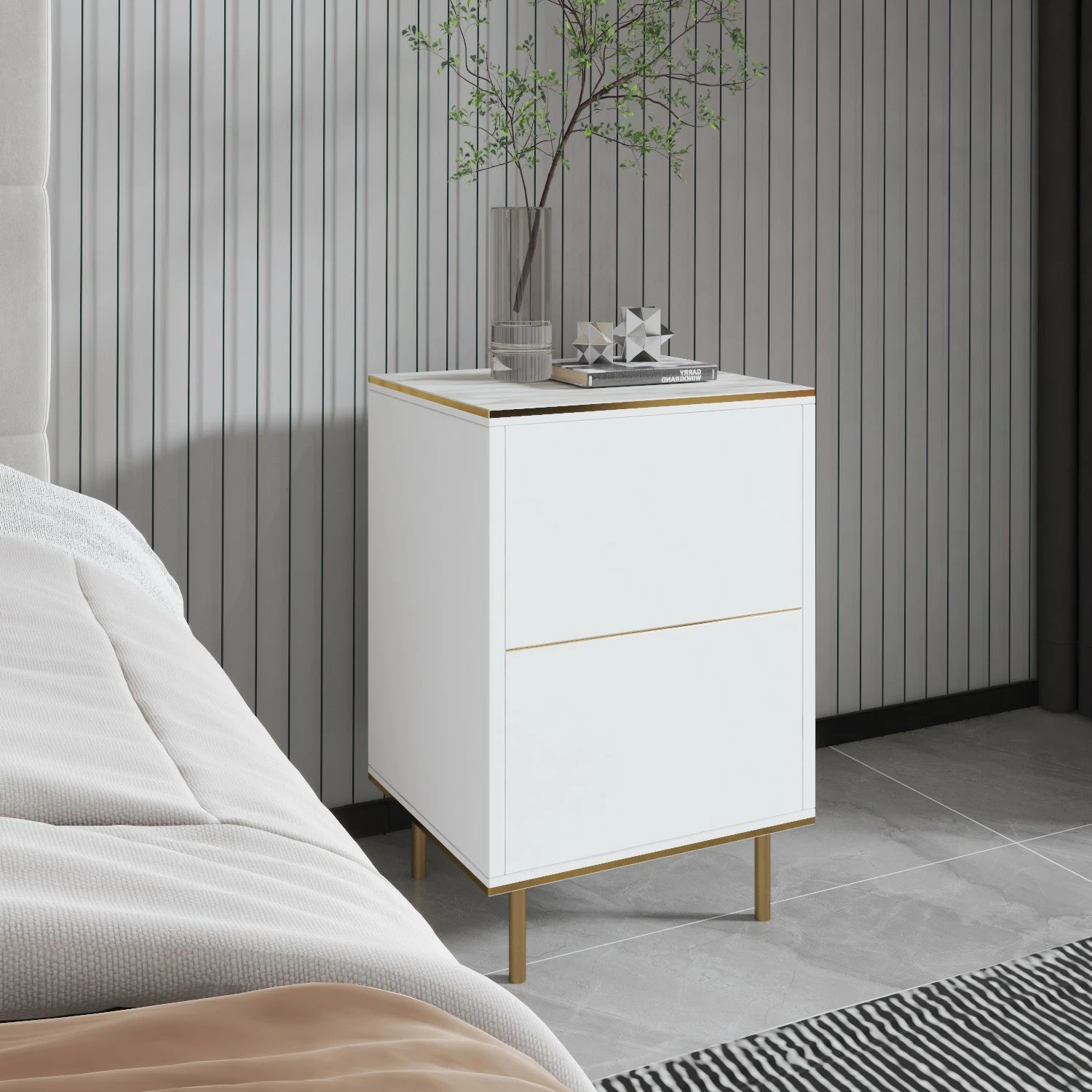 Komodinë Hanah Home, pamje mermeri, e bardhë