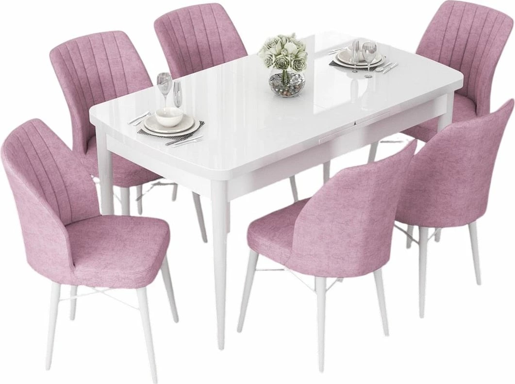 Tavolinë me karrige, zgjatshme, 7 copë, Skye Decor, e bardhë, rozë