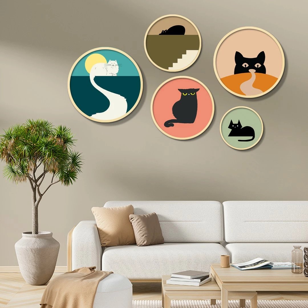 Set pikturash dekorative të rrumbullakëta, MDF me kornizë, 5 copë, Wallity, Yats-13