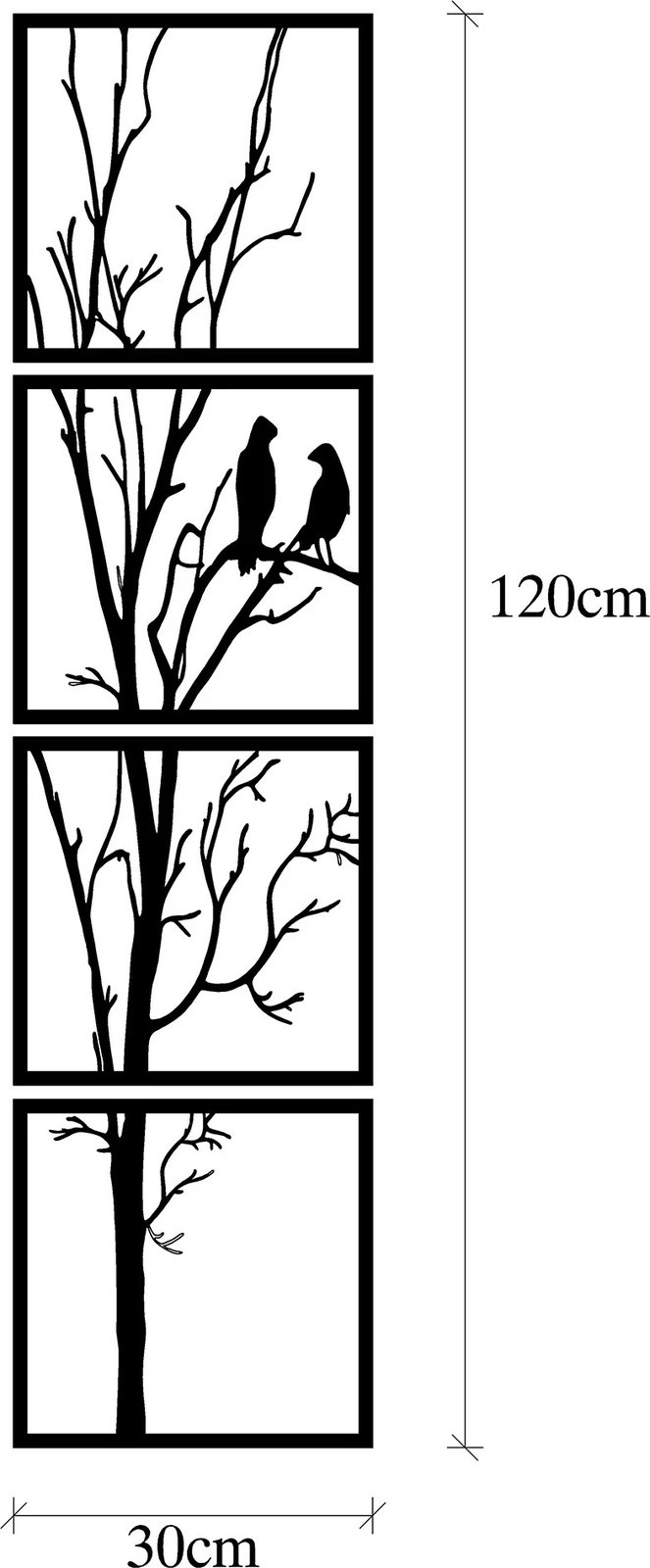 Aksesor dekorativ metalik për mur, dru dhe zogj, set prej 4 copash, Wallity