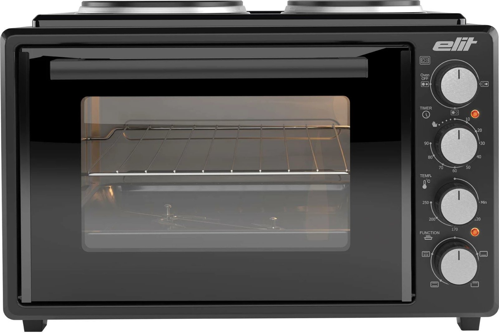 Mini furrë me dy pllaka gatimi, Elit OPTIDUO 35B, 35L, 1400W, shufër rrotulluese, termostat, timer mekanik, e zezë