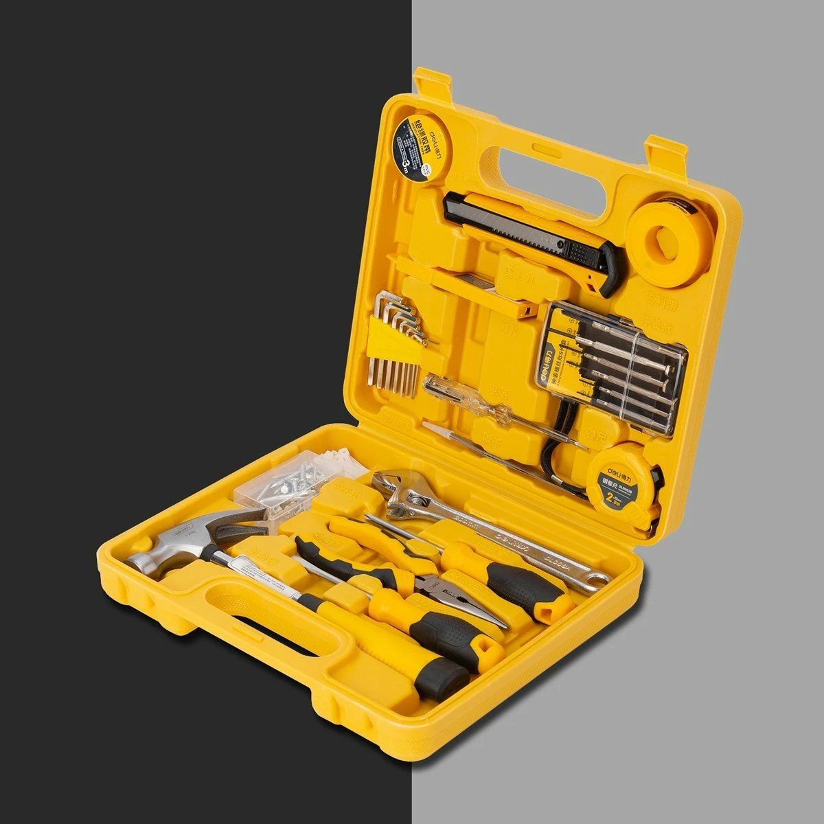 Set veglash Deli Tools EDL1028J, 28 copë, me kasë, e verdhë