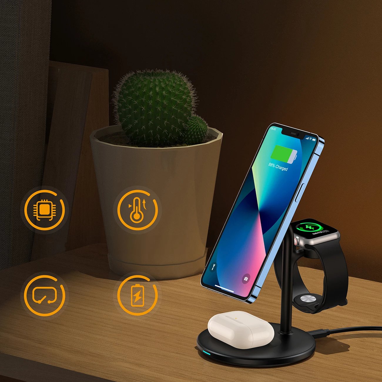 Stacion karikimi wireless 3-në-1 Choetech T585-F për iPhone 12/13/14, AirPods Pro dhe Apple Watch, USB-C, 15W, Zi