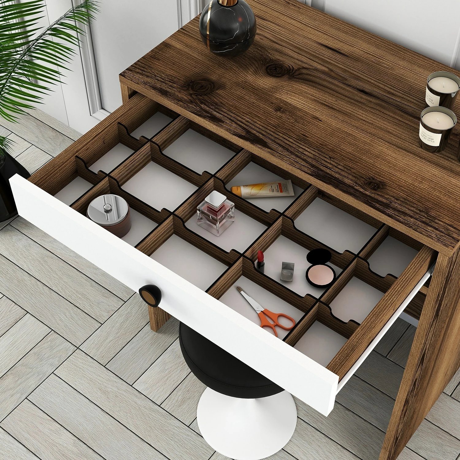 Tavolinë grimi Skye Decor, pasqyrë Lizbon, ngjyrë arrë dhe e bardhë