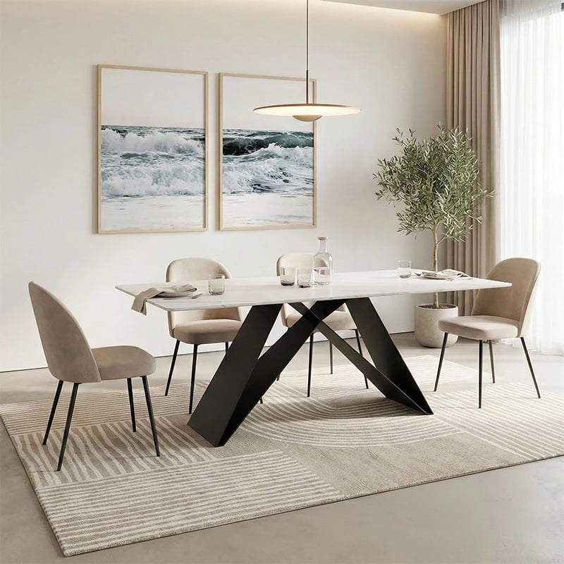 Tavolinë Mapele, sipërfaqe mermeri të bardhë, këmbë metalike të zeza, 180x90x75cm