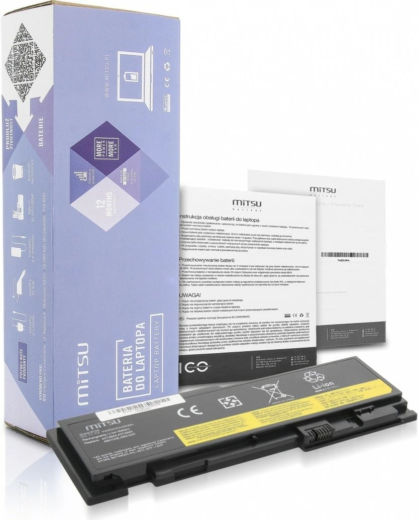 Bateri laptop Mitsu për Lenovo ThinkPad T420s, 4400mAh, 11.1V, 6 qeliza, Zezë