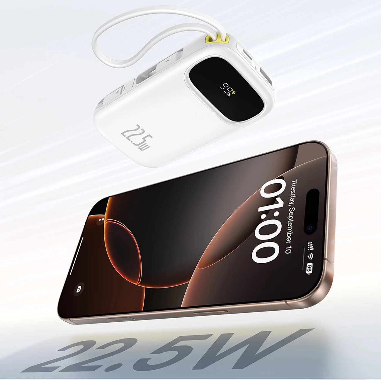 Powerbank Baseus EnerFill FC31, 20000mAh, 22.5W, me ekran dixhital, me kabllo USB-C + Lightning, Bardhë