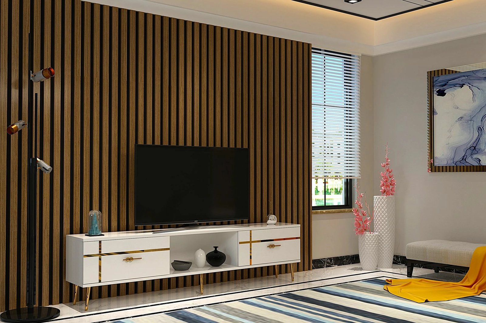 Komodë TV Skye Decor, ngjyrë e bardhë, detaje të arta