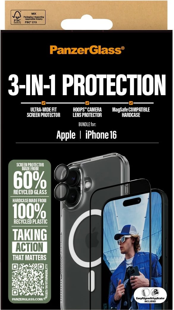 Mbështjellës dhe mbrojtës ekrani PanzerGlass për iPhone 16, transparent