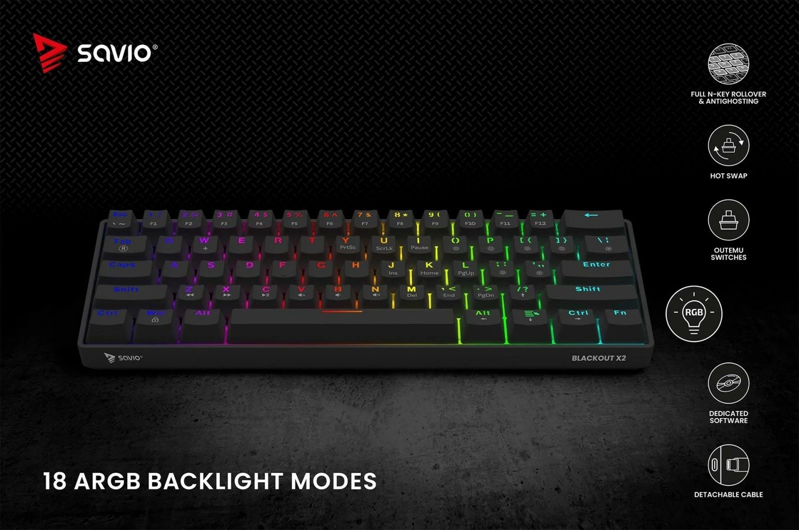 Tastierë mekanike Savio Blackout X2, OUTEMU Red, 60%, me ndriçim ARGB, e zezë