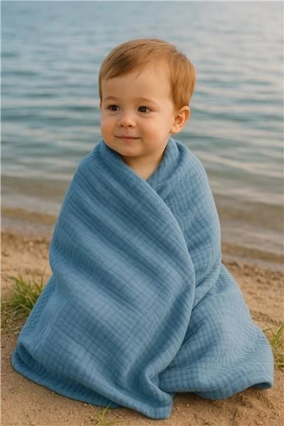 Batanije muslini për bebe, New Baby, 70x100 cm, 100% pambuk, dy-shtresore, blu