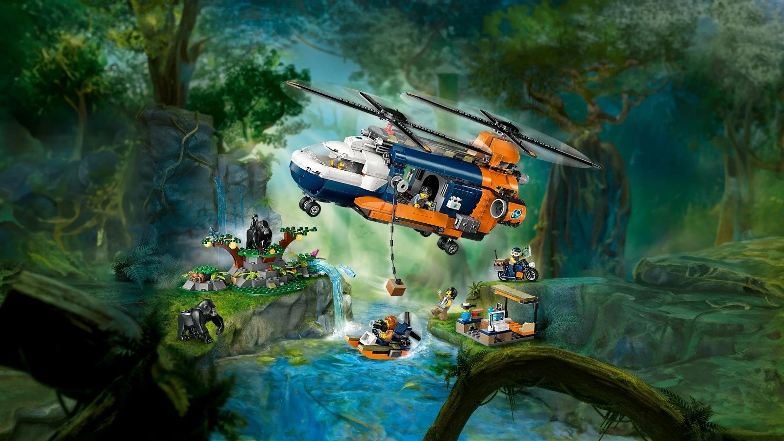 Set LEGO City Jungle Researcher Helicopter Base 60437, 881 pjesë, për fëmijë 8+, me helikopter, motor, hovercraft, 5 minifigura dhe 3 gorilla