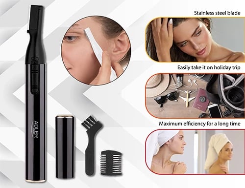 Trimer vetullash, Adler, AD 2934b, teh inoksi, krehër udhëzues 1.5/3.5 mm, trup alumini, 1x AAA, i zi