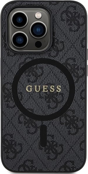 Mbështjellës Guess 4G Collection Leather Metal Logo MagSafe për iPhone 14 Pro Max, e zezë