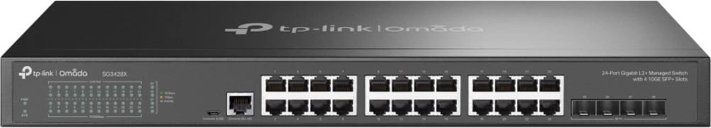 Switch TP-Link TL-SG3428X 28 porta Gigabit, 4 SFP+ 10G, i menaxhueshëm, e zezë