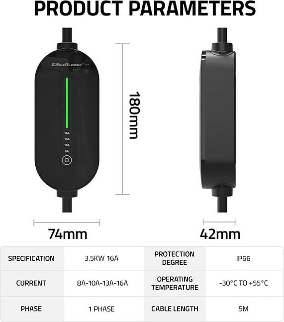 Karikues mobil EV, Qoltec 52434, Type 2, 3.5kW 230V, 8-16A, LCD/LED, kabllo 5m, IP65, zi/jeshile