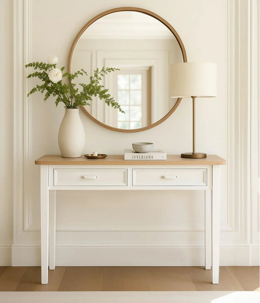 Konsolë me 2 sirtarë, e bardhë/natyrale, 102x40x78