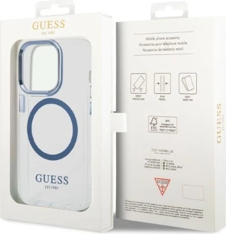 Mbështjellës Guess Metal Outline Magsafe për iPhone 14 Pro Max 6.7", kaltër/transparente