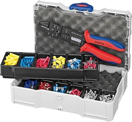 Set krimpzange Knipex, me valixhe, 1.15 kg, e zezë/blu/e kuqe