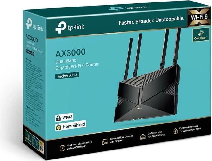 Ruter Wi‑Fi 6, TP-Link Archer AX53, AX3000 gigabit, 4 antena, OneMesh, HomeShield