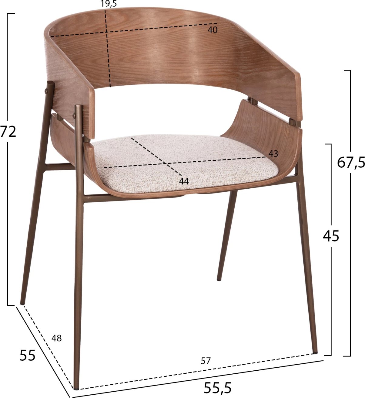 Karrige ngrënieje me mbështetëse krahësh KRILL, dru i bardhë, këmbë metalike ngjyrë bakri, set prej 2 copash, 55.5x55x72cm