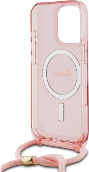 Mbështjellës Guess Crossbody Cord Script MagSafe për iPhone 16 Pro Max, Rozë