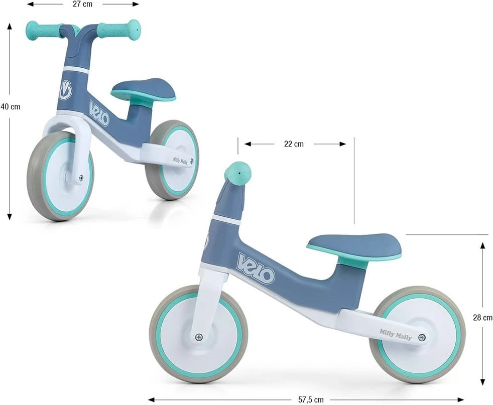 biçikletë balancuese, Milly Mally, Velo, rrota EVA 7 inç, kornizë plastike e lehtë, moshat 18+ muaj, ngarkesë 25 kg, mint