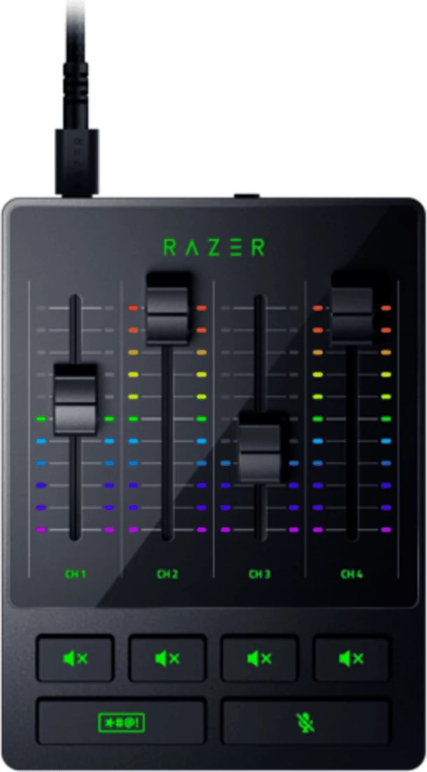 Mikser audio Razer RZ19-03860100-R3M1 4 kanale me faderë, kontrolle mute, ndriçim RGB, e zezë