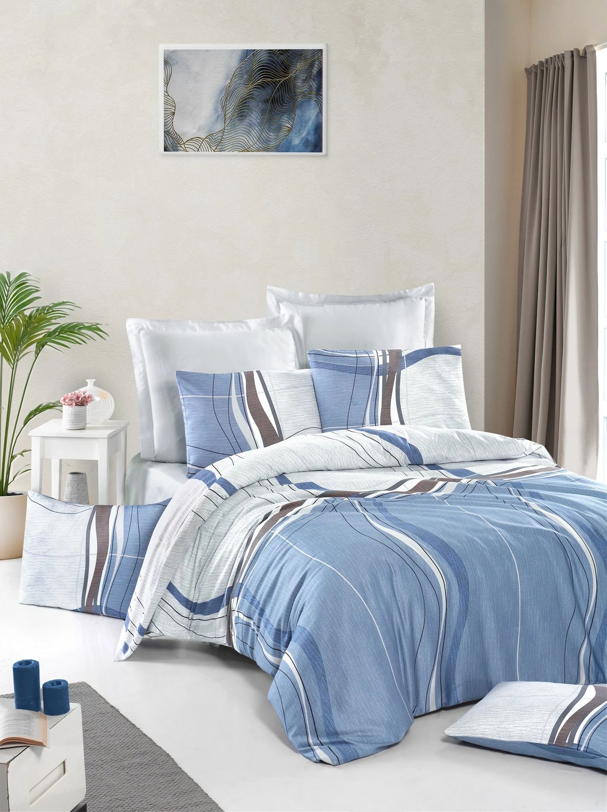 Set mbulesash për jorgan dopio, satin, L'essentiel, ngjyrë bardhë, kaltër, kafe