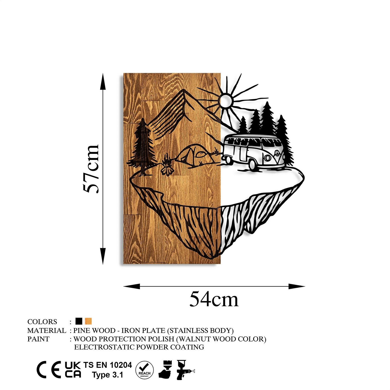 Aksesor dekorativ për mur, dru natyral, Wallity, Camp Life, ngjyrë arre dhe e zezë, 54x57cm