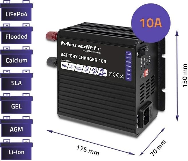 Karikues baterie Qoltec 51958 Smart Monolith për LiFePO4 AGM GEL SLA, 10A, 12V Karikues baterie Qoltec 51958 Smart Monolith për LiFePO4 AGM GEL SLA, 10A, 12V