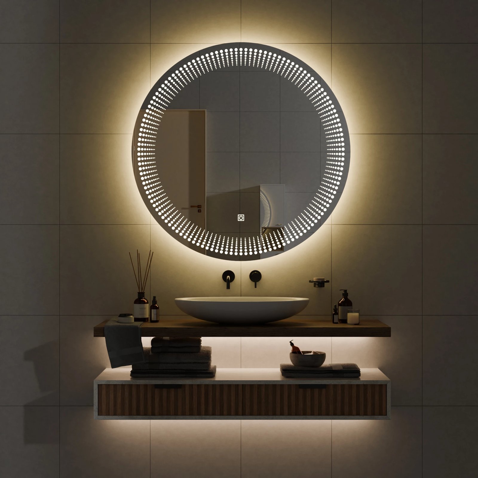 Pasqyre per banjo me LED , Pasqyre rrethore me ndriqim Modeli Pika