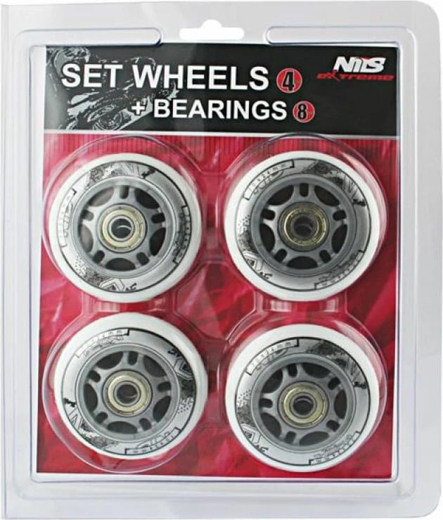 Set rrota PU dhe kushineta ABEC-7 Nils Extreme, të bardha (4+8 copë)