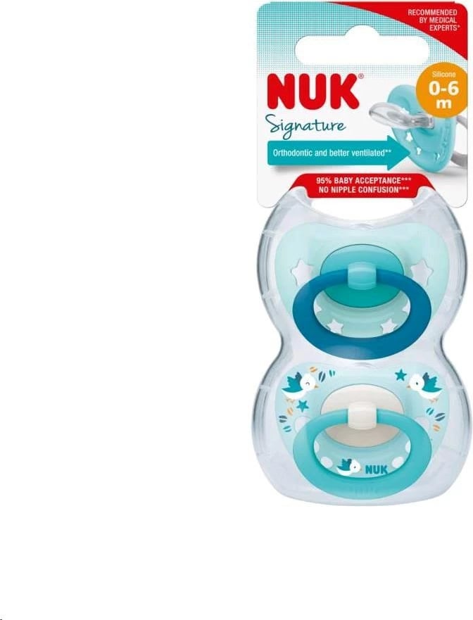 Qetësues bebe NUK Signature ortodontik silikon 0-6 m për djem blu set 2 copë