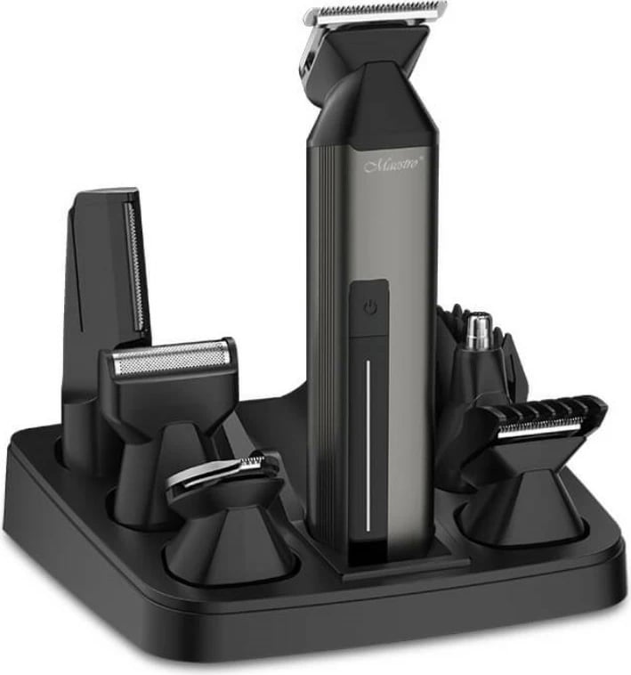 Set trimer për flokë dhe trup, Feel-Maestro MR-660, bateri 150 min, ngarkim USB-C, tehe çelik inoks, përdorim i lagësht/thatë, zi/gri, set 6‑në‑1