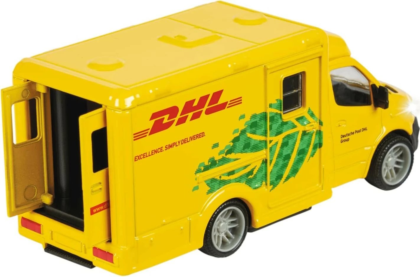 Lodër veturë Majorette Mercedes-Benz Sprinter DHL, metal, 12.5 cm, e verdhë, me drita dhe zë