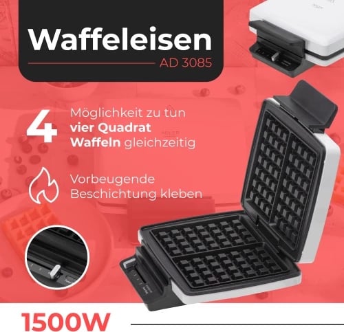 Aparat waffle, Adler AD 3085, 1200-1800W, pllaka jo-ngjitëse, kontroll temperature, 2x 9x15 cm, e bardhë