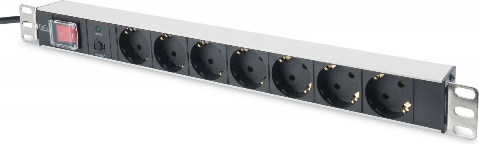Prizë rack Digitus DN-95403, 7x Schuko, 1U, 2m, me mbrojtje nga mbingarkesa, e zezë/argjend Prizë rack Digitus DN-95403, 7x Schuko, 1U, 2m, me mbrojtje nga mbingarkesa, e zezë/argjend