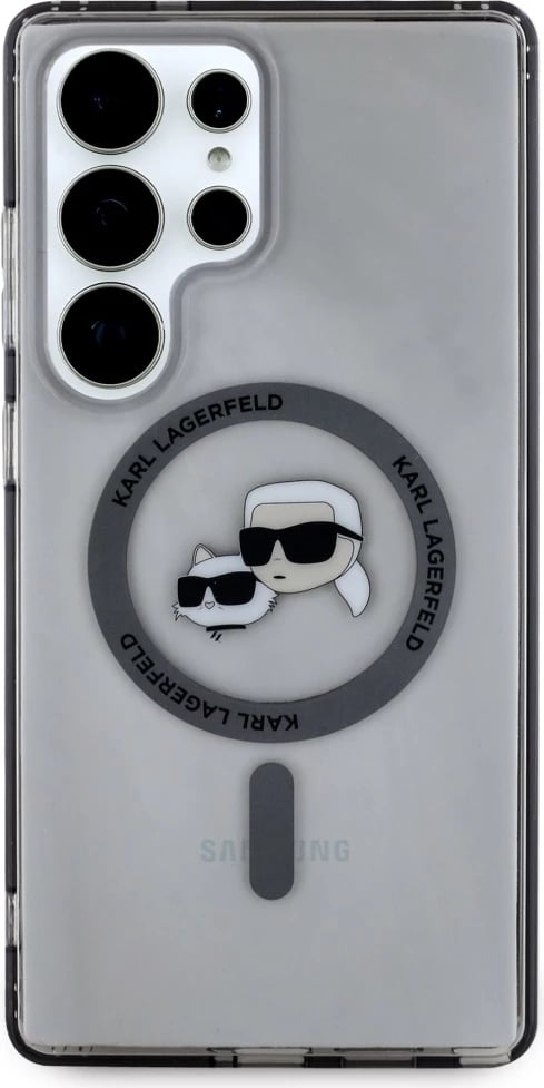 Mbështjellës Karl Lagerfeld Button Karl & Choupette Heads Printed Logo MagSafe për Samsung Galaxy S25 Ultra, zi