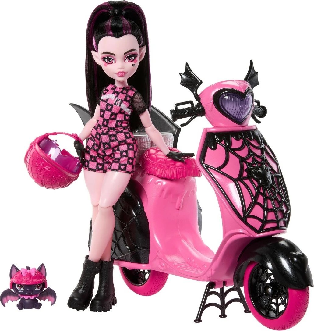 Kukull, Mattel Monster High Draculaura JDR61 me skuter, figurë lakuriqi Count Fabulous dhe 2 helmeta, rozë/zezë, set