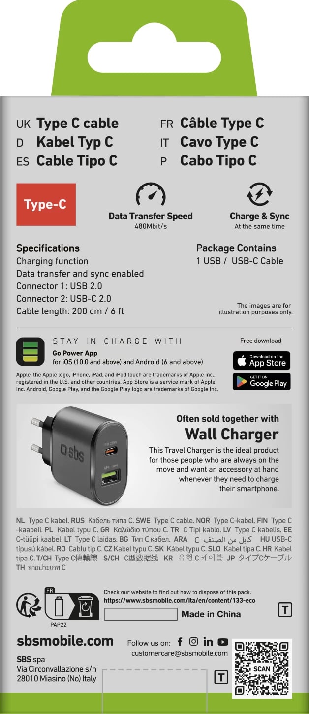Kabllo USB-A në USB-C SBS TECABLETC220K, 2m, e zezë Kabllo USB-A në USB-C SBS TECABLETC220K, 2m, e zezë