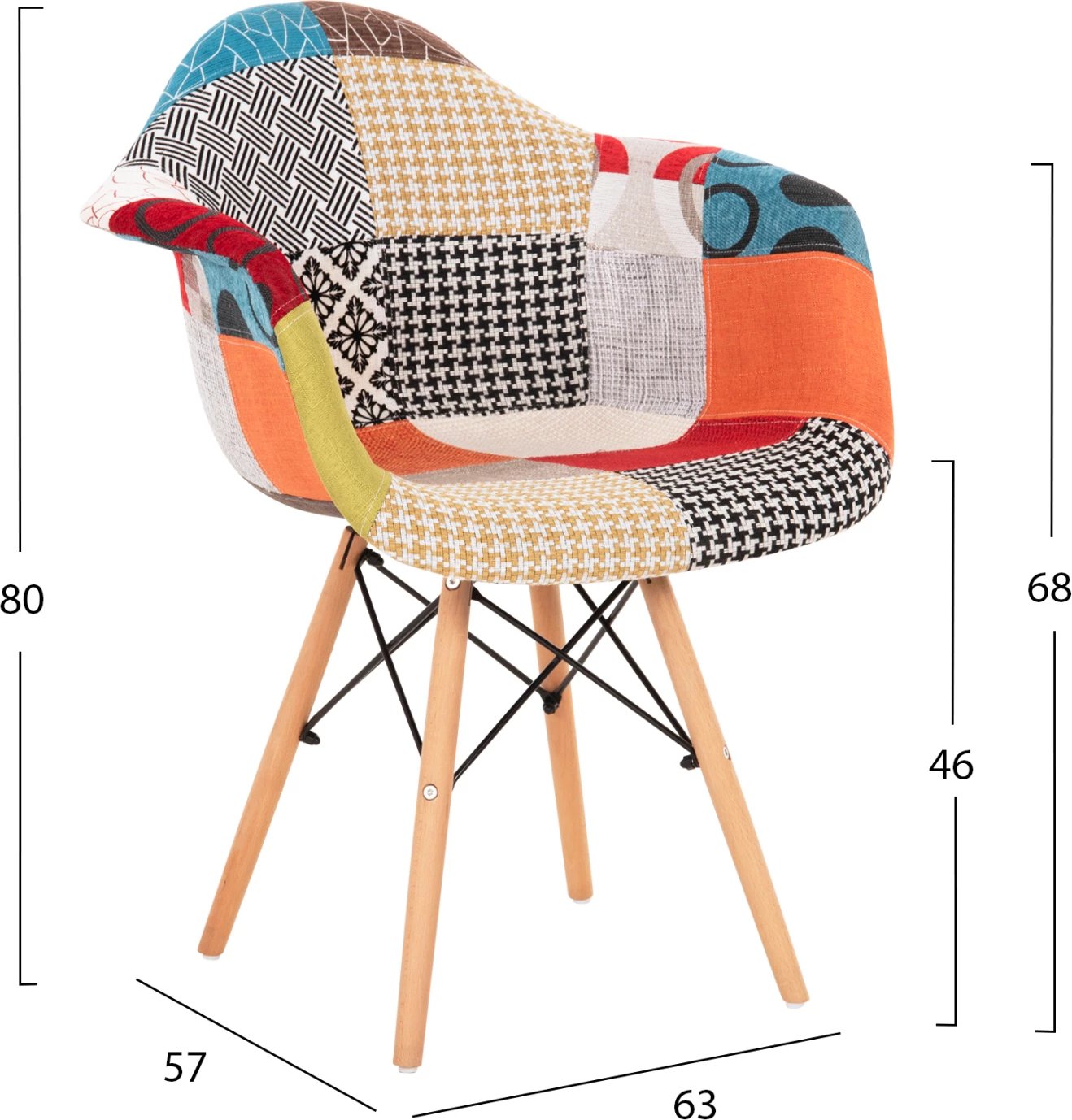 Karrige me krahë, këmbë druri dhe sedilje patchwork Mirto FH005.25 63x57x80 cm, set prej 4 copë