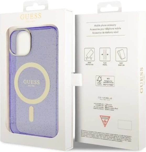Mbështjellës Guess Glitter Gold MagSafe për iPhone 14, Violet