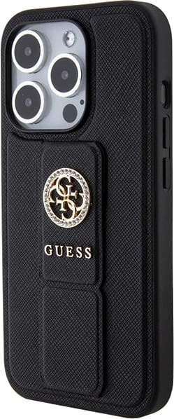 Mbështjellës Guess Grip Stand 4G Saffiano Strass për iPhone 15 Pro Max, i zi