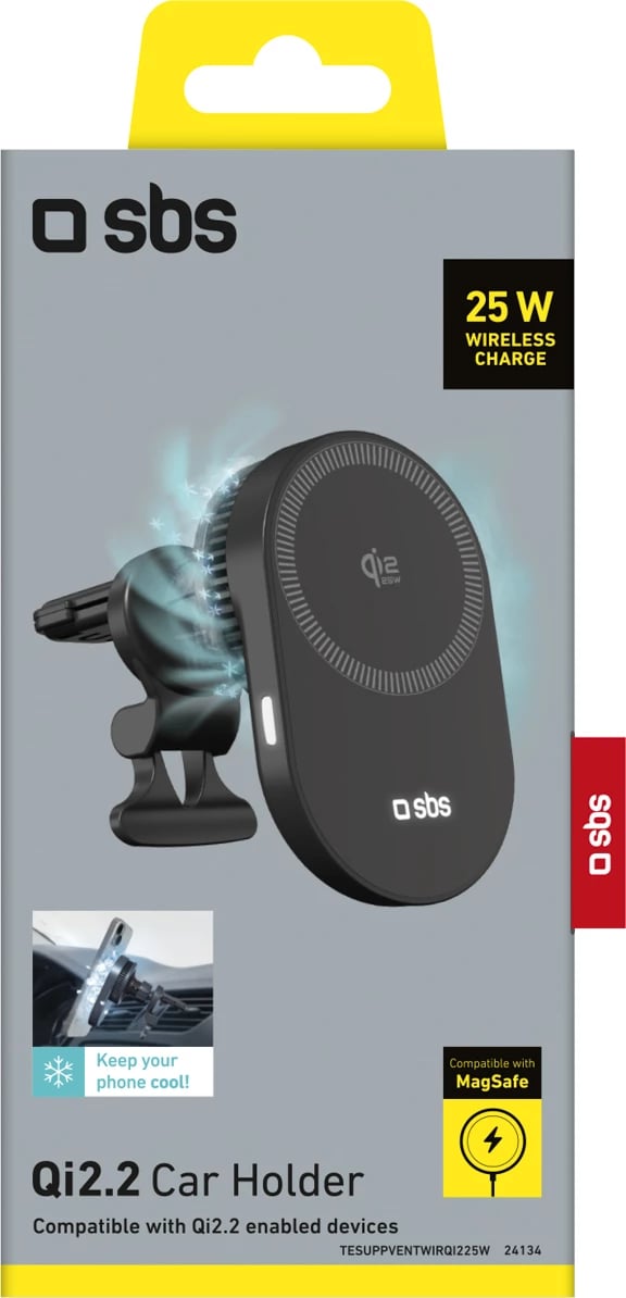 Mbajtës magnetik për veturë me karikues wireless Qi2 25W, SBS, Magnetic Qi2 25W, ftohje aktive, montim te grilat e ajrit, USB‑C, i zi