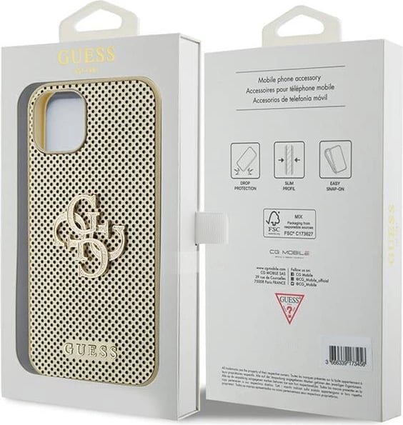 Mbështjellës Guess Perforated 4G Glitter për iPhone 15, ari Mbështjellës Guess Perforated 4G Glitter për iPhone 15, ari