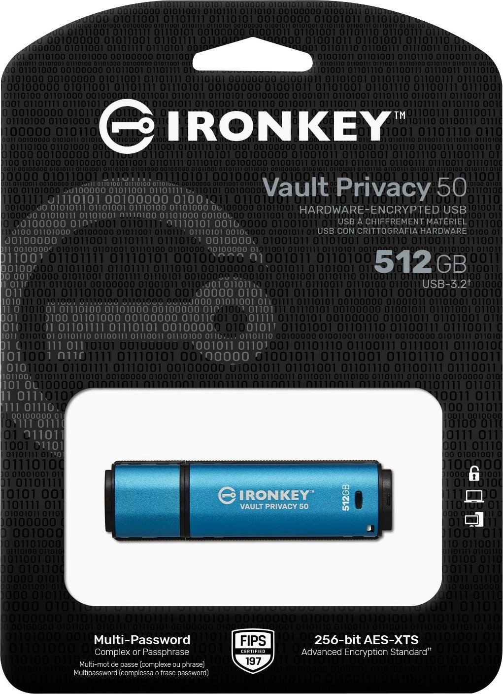 USB Kingston IronKey Vault Privacy 50 512GB, USB 3.2, zi/blu