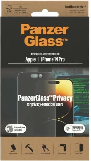 Mbrojtës ekrani PanzerGlass Ultra-Wide Fit Privacy me EasyAligner për iPhone 14 Pro, xham i temperuar, antibakterial