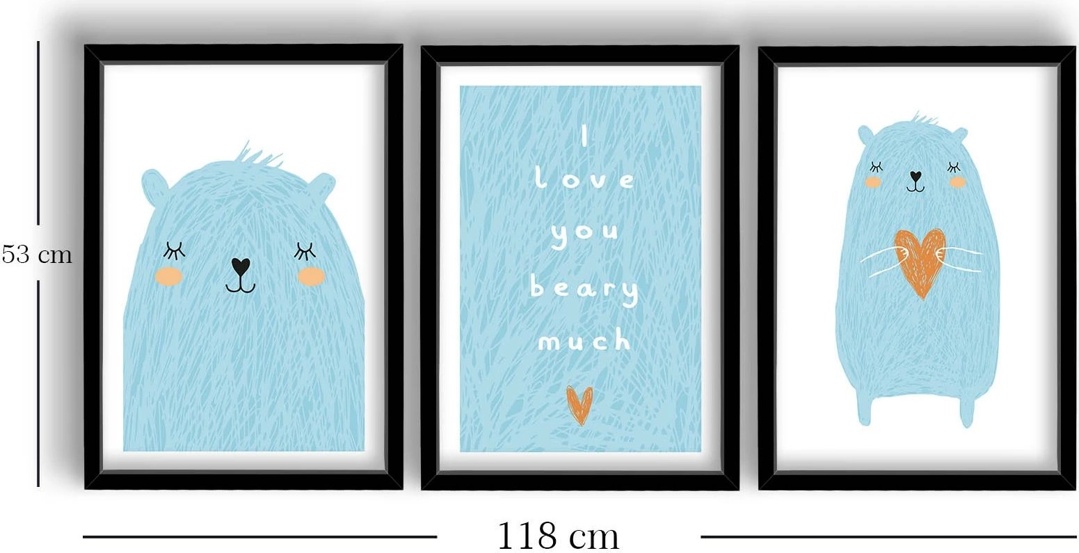 Set pikturash dekorative me kornizë MDF, 3 pjesë, Wallity, 3P3853SCT-003, ngjyrë kaltër dhe bardhë