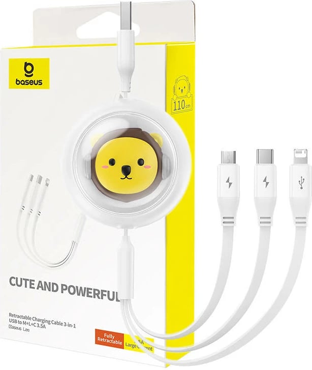 Kabllo karikimi 3-në-1 Baseus P10362900211-00, USB në USB-C, micro USB, Lightning, 1.1m, e bardhë